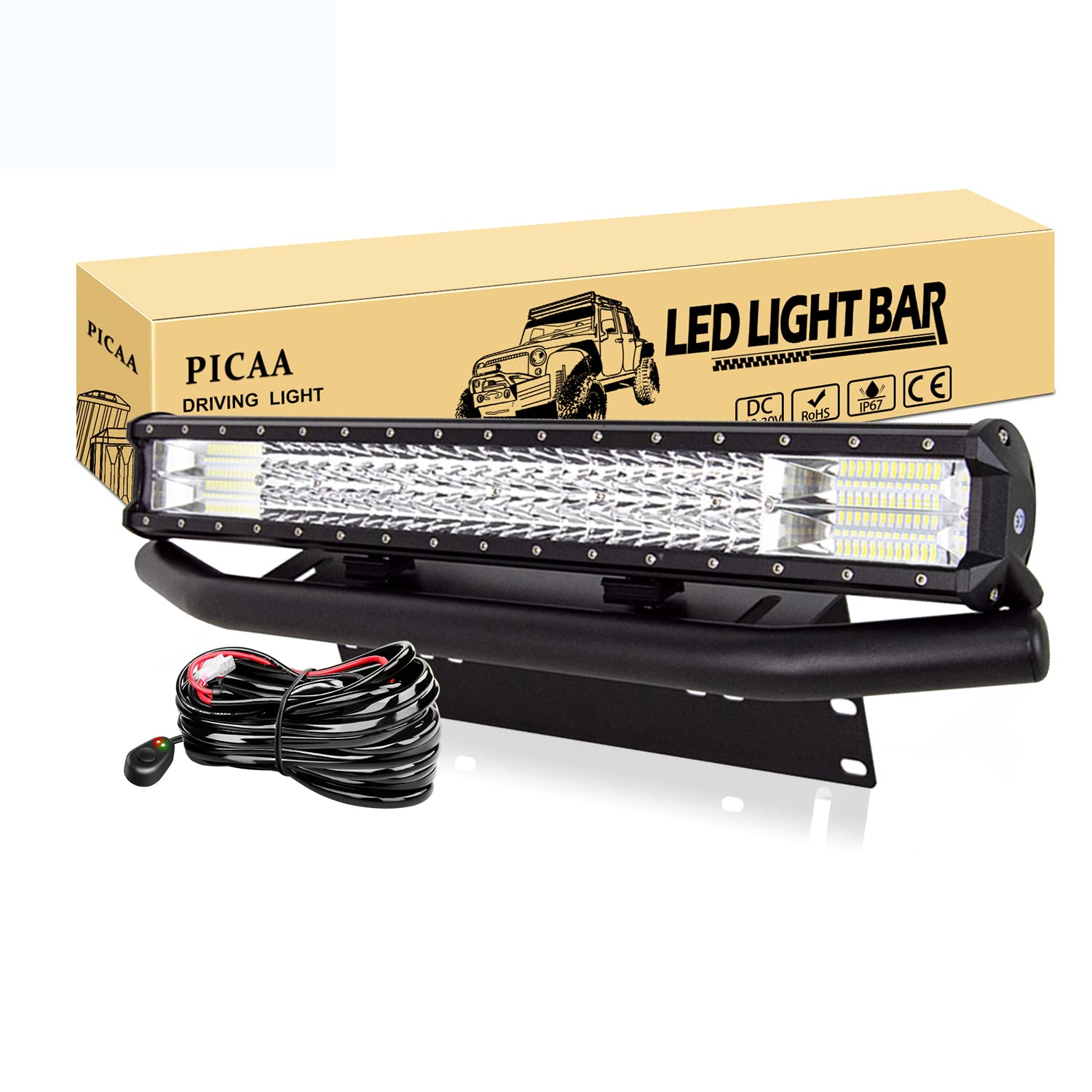 PICAA LED Lichtleiste Led Arbeitsscheinwerfer 7D 22 Zoll 324W Led Lichtbalken 12V Led Zusatzscheinwerfer Bar LED Arbeit Licht Bar Mit Kennzeichenhalter Mit Kabelbaum für SUV Offroad ATV UTV 4x4 Auto von PICAA