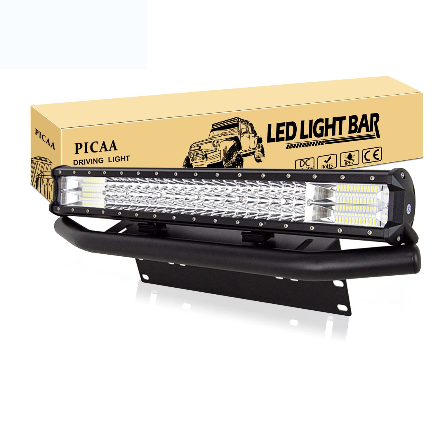 PICAA LED Lichtleiste Led Arbeitsscheinwerfer 7D 22 Zoll 324W Led Lichtbalken 12V Led Zusatzscheinwerfer Bar LED Arbeit Licht Bar Mit Kennzeichenhalter für SUV Offroad ATV UTV Traktor 4x4 Auto von PICAA