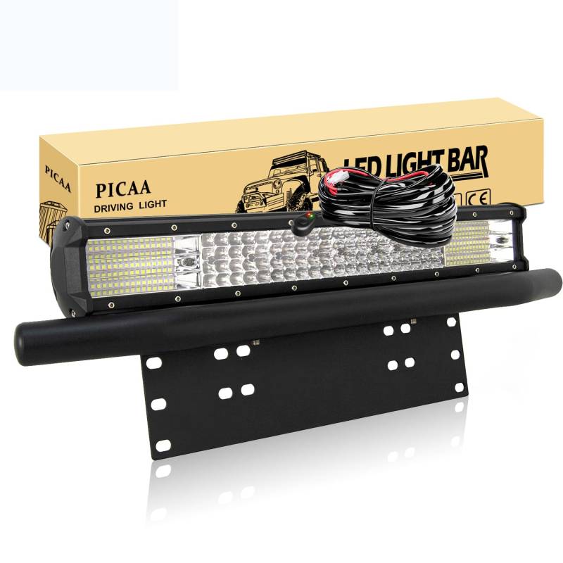 PICAA LED Lichtleiste Led Arbeitsscheinwerfer 9D 20 Zoll 510W Led Lichtbalken 12V Led Zusatzscheinwerfer Bar LED Arbeit Licht Bar Mit Kennzeichenhalter Mit Kabelbaum für SUV Offroad ATV UTV 4x4 Auto von PICAA