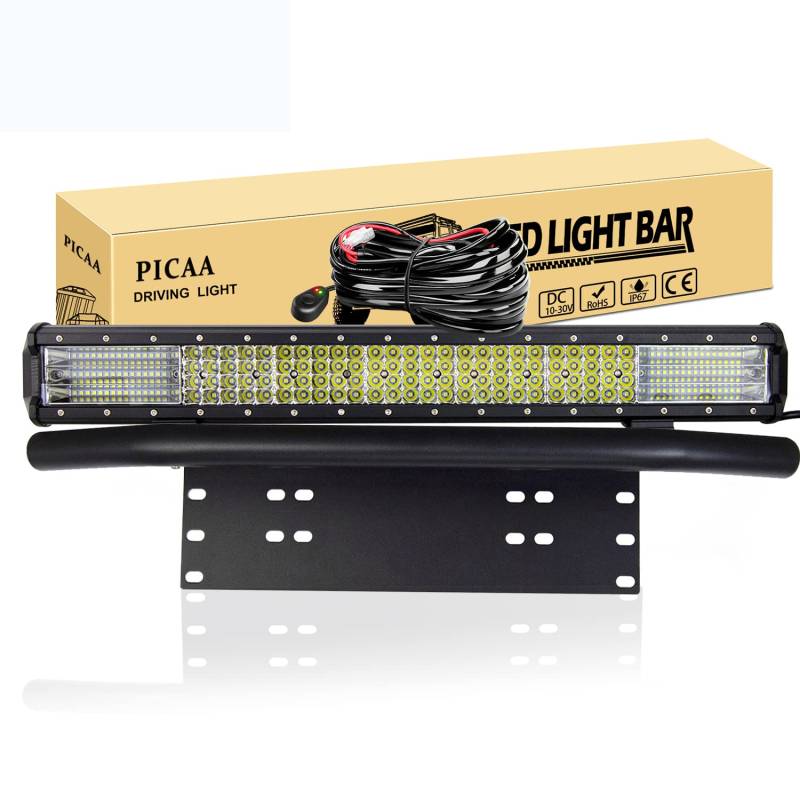 PICAA LED Lichtleiste Led Arbeitsscheinwerfer 9D 23 Zoll 570W Led Lichtbalken 12V Led Zusatzscheinwerfer Bar LED Arbeit Licht Bar Mit Kennzeichenhalter Mit Kabelbaum für SUV Offroad ATV UTV 4x4 Auto von PICAA