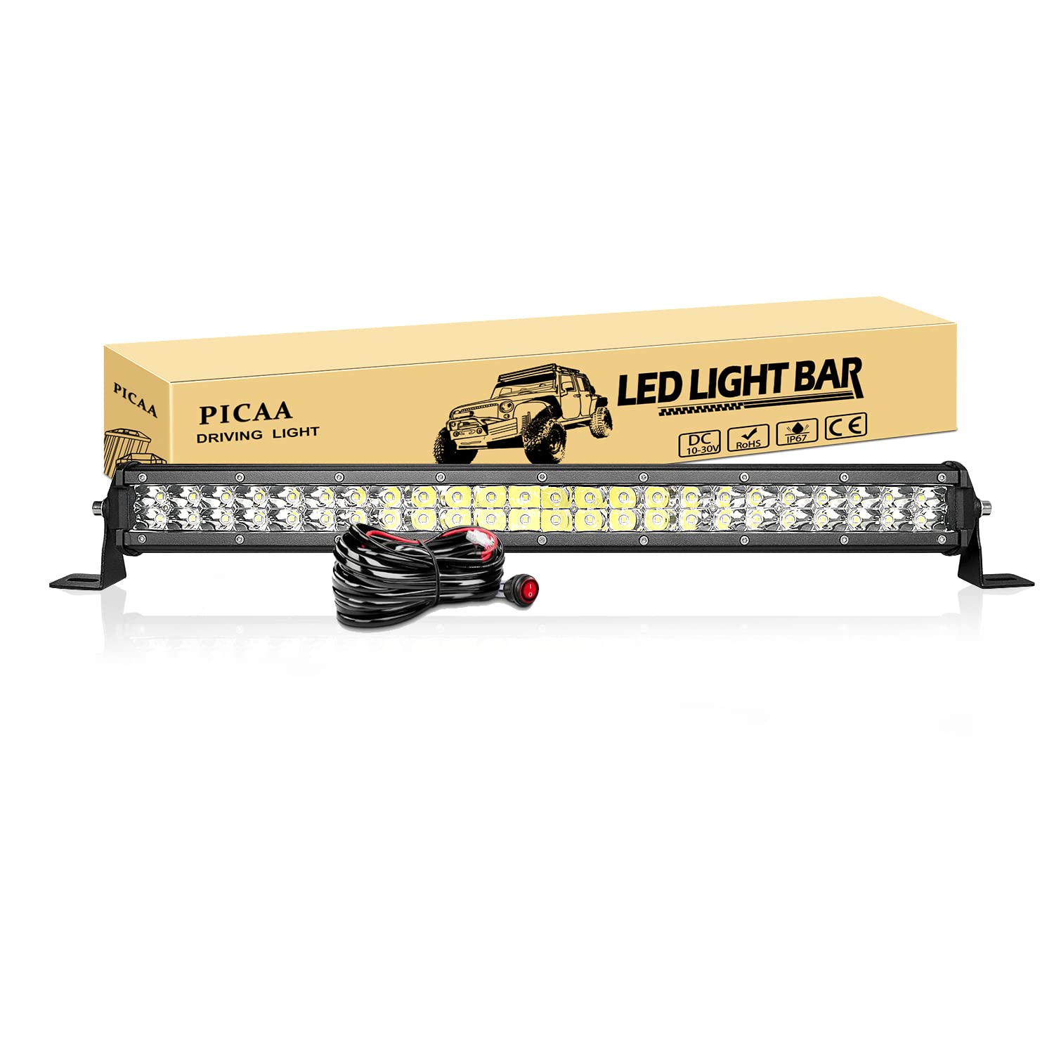 PICAA Led Arbeitsscheinwerfer, 20 Zoll 50CM 144W Led Lichtbalken, mit 12V Kabel, 6000K Slim Led Zusatzscheinwerfer Bar Spot LED Arbeit Licht Bar für SUV Offroad ATV UTV Traktor 4x4 Auto von PICAA