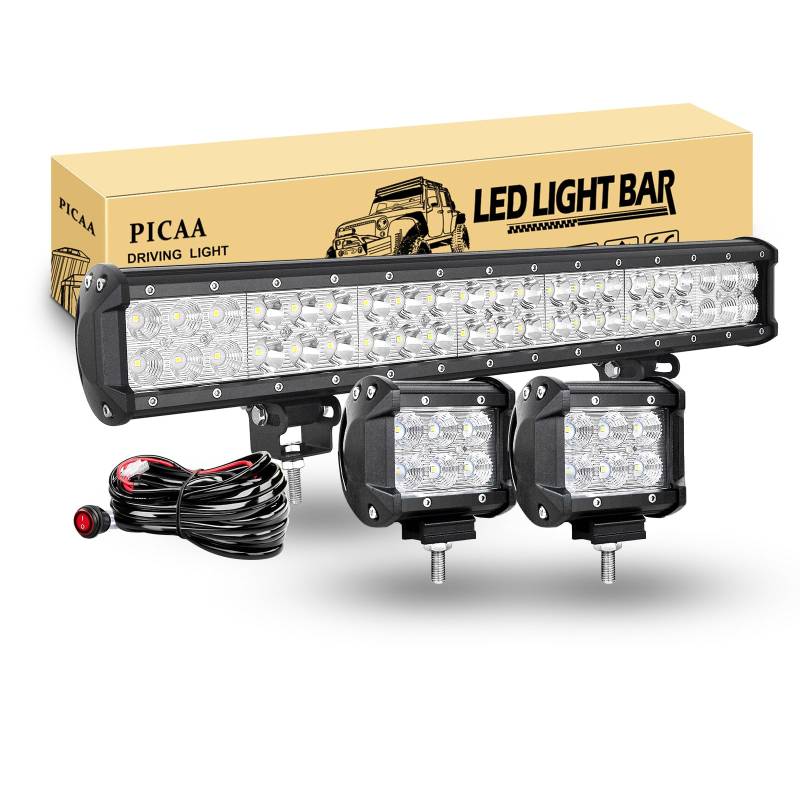 PICAA Arbeitsscheinwerfer 20 Zoll 126W Lichtbalken Zusatzscheinwerfer Bar Spot Flutlicht Kombination für SUV Offroad ATV UTV Traktor 4x4 Auto Mit 2PCS 4 Zoll LED Arbeitslicht von PICAA