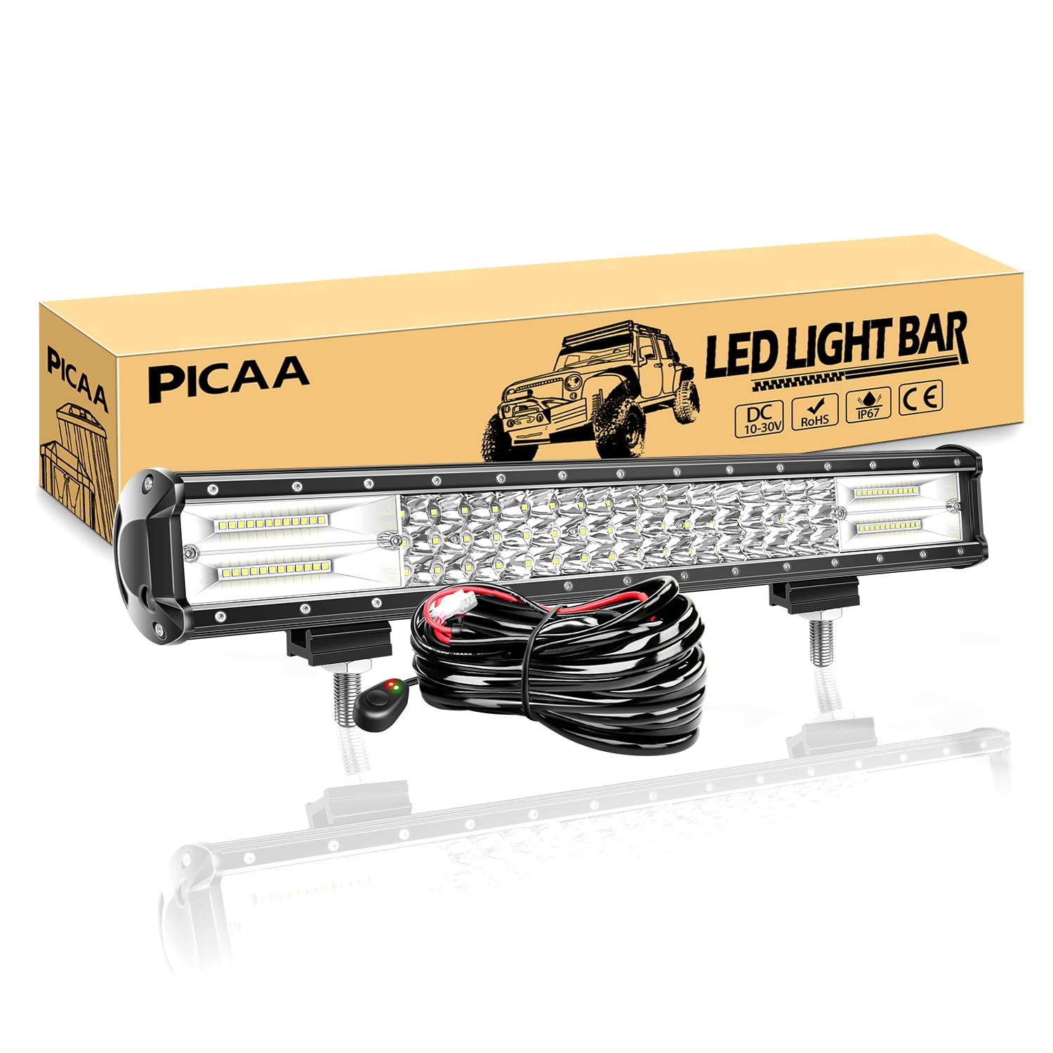 PICAA Led Arbeitsscheinwerfer 20 Zoll 52CM 288W Led Lichtbalken 12V Mit Kabelbaum Led Zusatzscheinwerfer Bar Spot Flutlicht Kombination LED Arbeit Licht Bar für SUV Offroad ATV UTV Traktor 4x4 Auto von PICAA