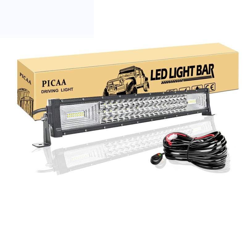 PICAA Led Arbeitsscheinwerfer 22 Zoll 270W 53CM Led Lichtbalken 12V Mit Kabelbaum DREI Reihen Led Zusatzscheinwerfer Bar Spot Flutlicht LED Arbeit Licht Bar für SUV Offroad ATV UTV Traktor 4x4 Auto von PICAA
