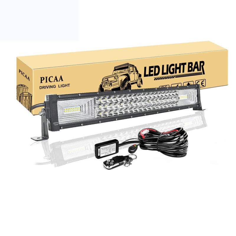 PICAA LED Arbeitsscheinwerfer 22 Zoll 270W Lichtbalken 12V Mit Fernbedienung Kabelbaum Drei Reihen Zusatzscheinwerfer Bar Arbeit Licht für SUV Offroad ATV UTV Traktor 4x4 Auto von PICAA
