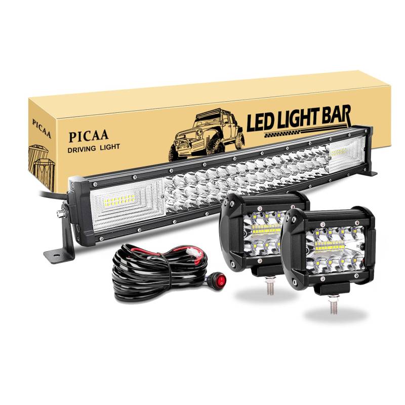 PICAA Led Arbeitsscheinwerfer 22 Zoll 53CM 270W 7D Led Lichtbalken Drei Reihen 12V Gewolbt Led Zusatzscheinwerfer Bar Mit 2PCS 4 Zoll 60W LED Arbeitslicht für SUV Offroad ATV UTV Traktor 4x4 Auto von PICAA