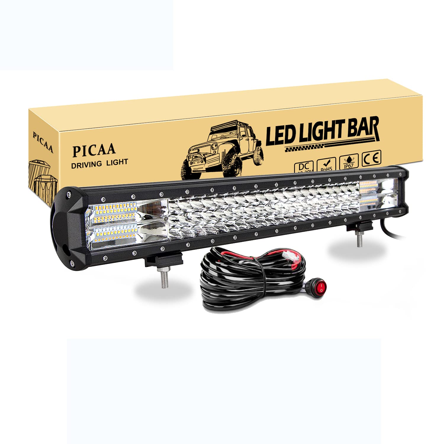 PICAA Led Arbeitsscheinwerfer 22 Zoll 59CM 324W Led Lichtbalken 12V, Led Zusatzscheinwerfer Bar Spot Flutlicht Kombination für SUV Offroad ATV UTV Traktor 4x4 Auto Bernstein Weiß 3000K 6000K von PICAA