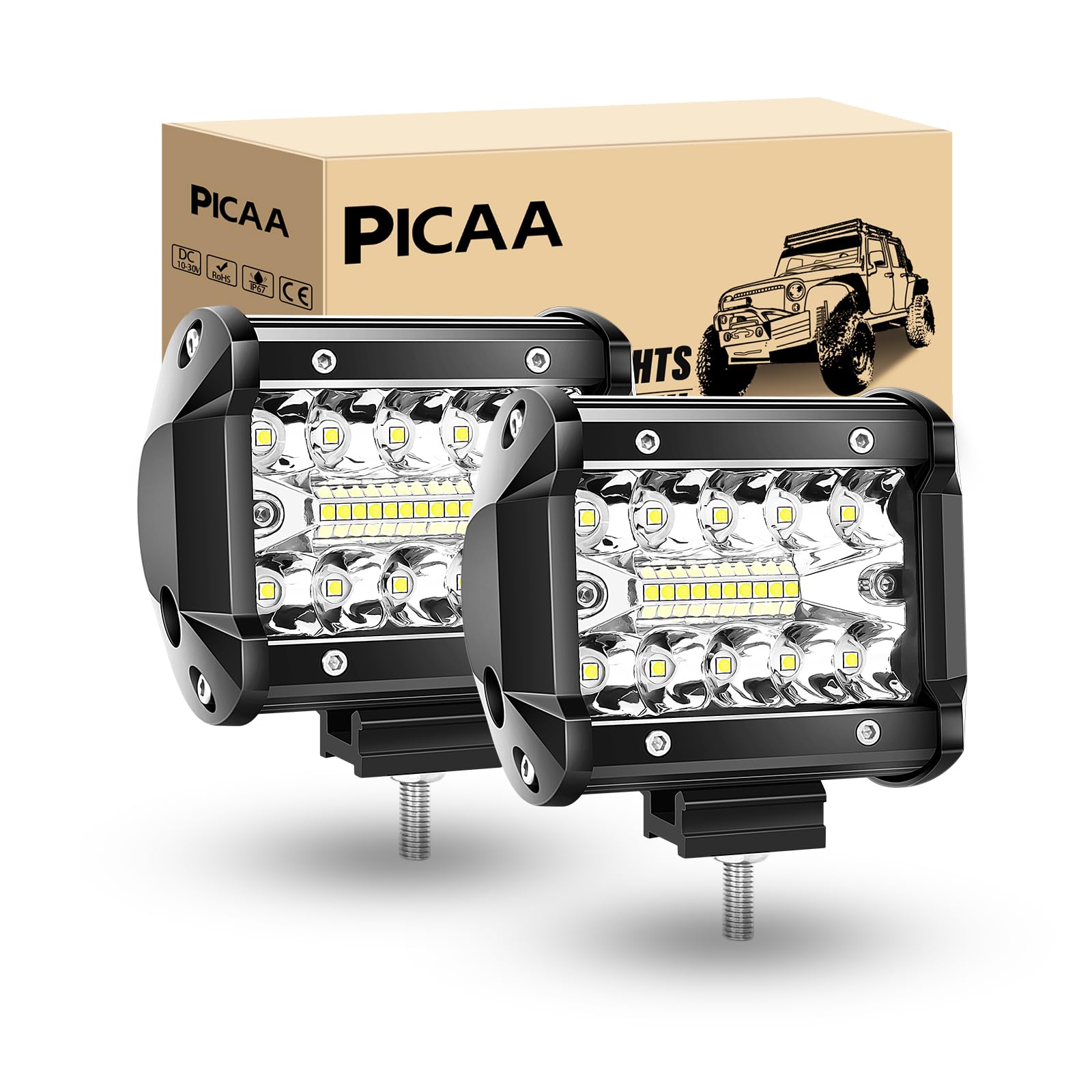 PICAA Led Arbeitsscheinwerfer 2X4 Zoll 60W Drei Reihen Led Lichtbalken 12V 24V 6000K Led Zusatzscheinwerfer Bar Spot Flutlicht Kombination LED Arbeit Licht Bar für SUV Offroad ATV UTV Traktor 4x4 von PICAA