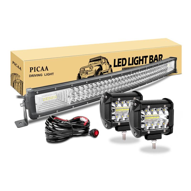 PICAA Led Arbeitsscheinwerfer 32 Zoll 78.5CM 405W 7D Led Lichtbalken Drei Reihen 12V Gewolbt Led Zusatzscheinwerfer Bar Mit 2PCS 4 Zoll 60W LED Arbeitslicht für SUV Offroad ATV UTV Traktor 4x4 Auto von PICAA