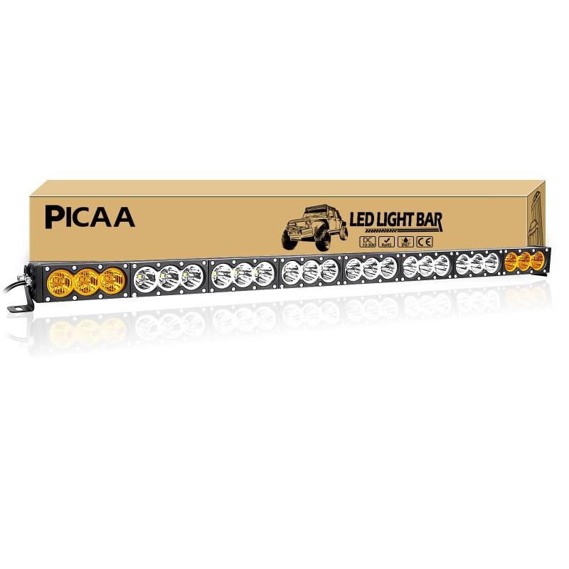 PICAA Led Arbeitsscheinwerfer 44 Zoll 110CM 360W einzelne Reihe Led Lichtbalken 12V Led Zusatzscheinwerfer Bar Spot Flood Combo Zweifarbig Bernstein & Weiß für SUV Offroad ATV UTV Traktor 4x4 Auto von PICAA