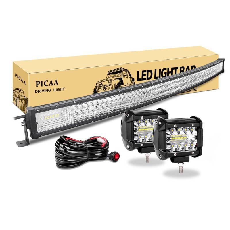 PICAA Led Arbeitsscheinwerfer 50 Zoll 125CM 648W 7D Led Lichtbalken Drei Reihen 12V Gewolbt Led Zusatzscheinwerfer Bar Mit 2PCS 4 Zoll 60W LED Arbeitslicht für SUV Offroad ATV UTV Traktor 4x4 Auto von PICAA