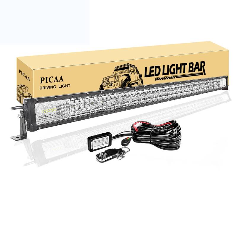 PICAA LED Arbeitsscheinwerfer 50 Zoll 648W Lichtbalken 12V Mit Fernbedienung Kabelbaum Drei Reihen Zusatzscheinwerfer Bar Arbeit Licht für SUV Offroad ATV UTV Traktor 4x4 Auto von PICAA
