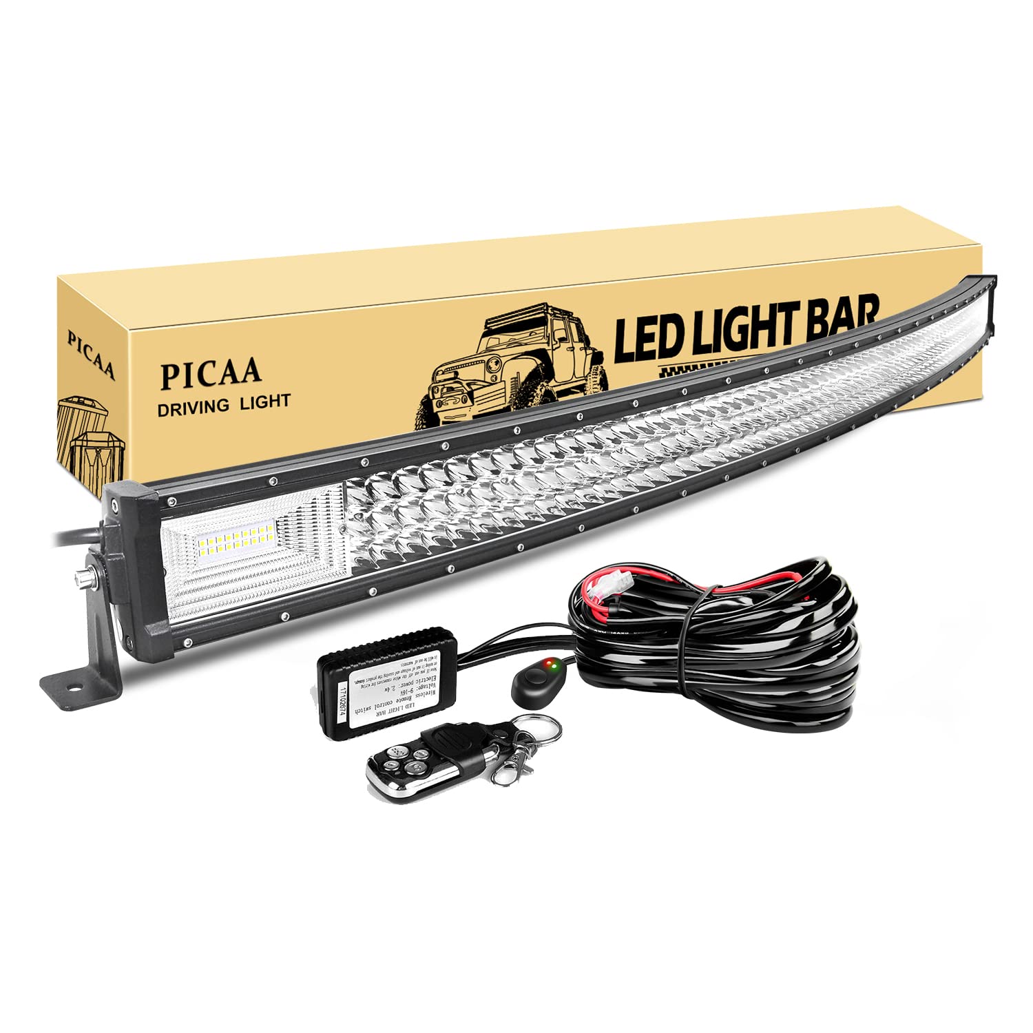 PICAA Led Arbeitsscheinwerfer 52 Zoll 675W Gewolbt Led Lichtbalken 12V Mit Fernbedienung Kabelbaum Drei Reihen Led Zusatzscheinwerfer Bar LED Arbeit Licht Bar für SUV Offroad ATV UTV Traktor 4x4 Auto von PICAA