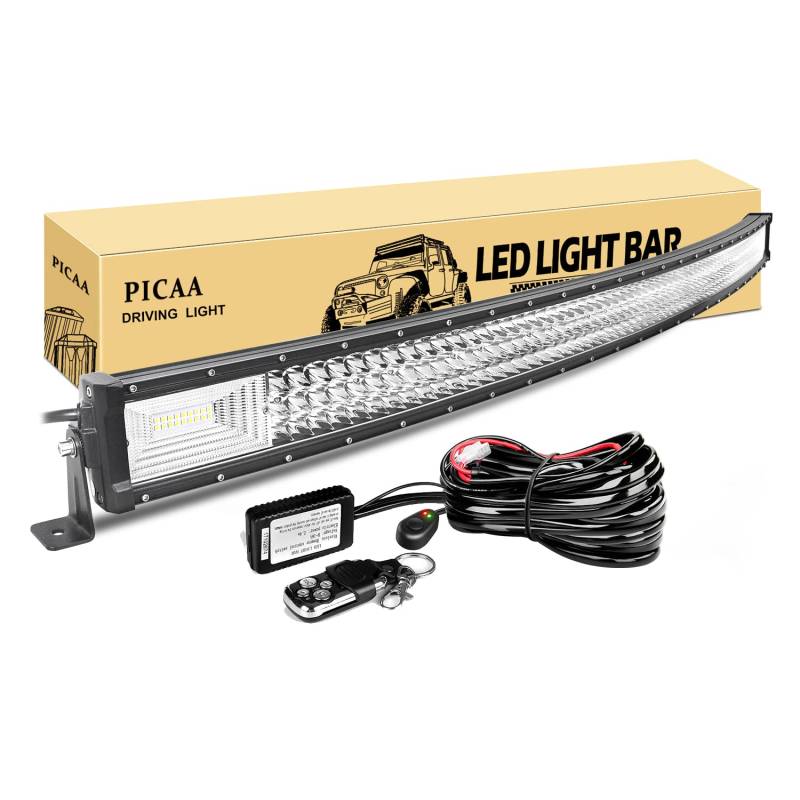 PICAA Led Arbeitsscheinwerfer 52 Zoll 675W Gewolbt Led Lichtbalken 12V Mit Fernbedienung Kabelbaum DREI Reihen Led Zusatzscheinwerfer Bar LED Arbeit Licht Bar für SUV Offroad ATV UTV Traktor 4x4 Auto von PICAA