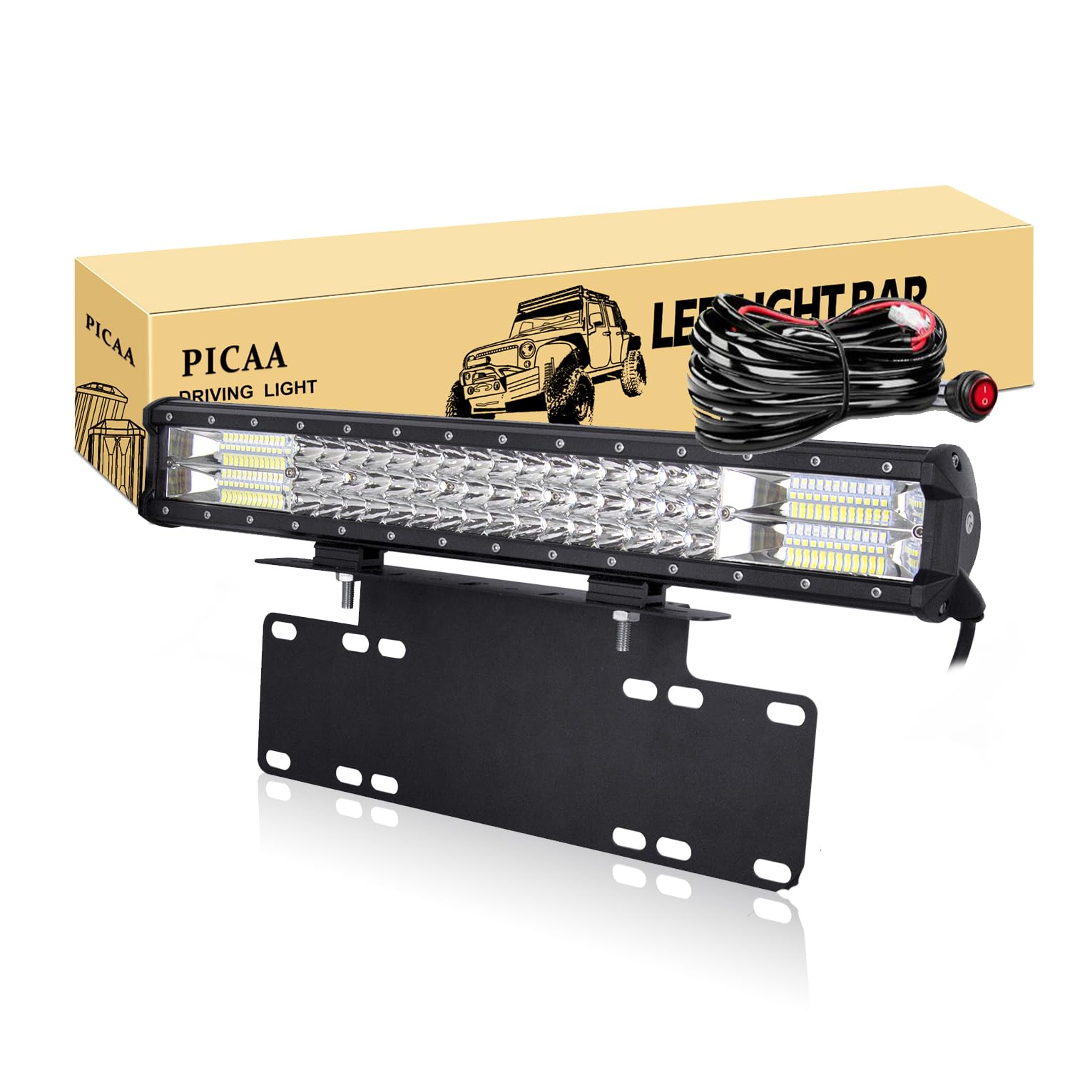 PICAA Led Arbeitsscheinwerfer 7D 20 Zoll 288W Led Lichtbalken Led Zusatzscheinwerfer Bar Spot Flutlicht Kombination für SUV Offroad ATV UTV Traktor 4x4 Auto Mit 15 Zoll Kennzeichenhalterung von PICAA