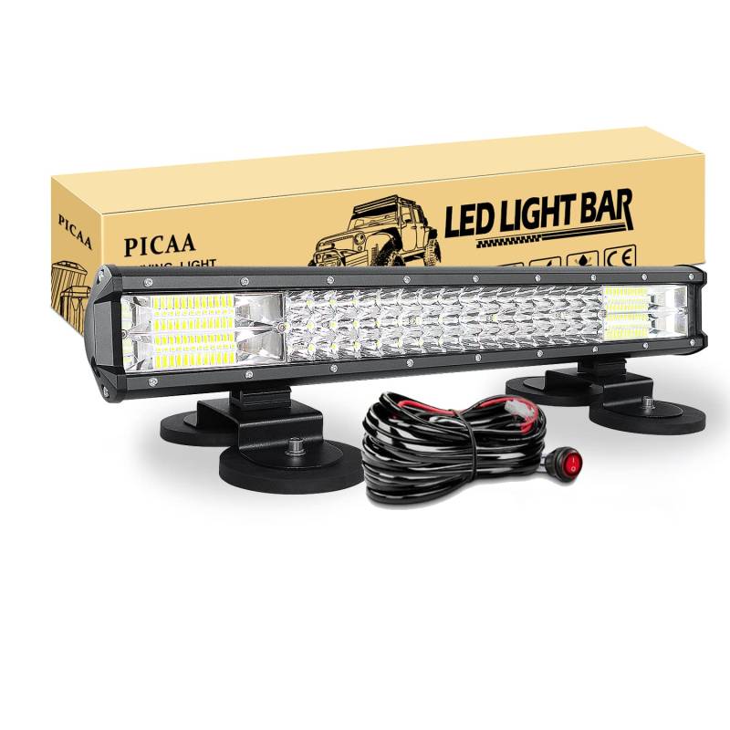 PICAA Arbeitsscheinwerfer 7D 20 Zoll 288W LED Lichtbalken Zusatzscheinwerfer Bar Spot Flutlicht Kombination für SUV Offroad ATV UTV Traktor 4x4 Auto Mit 2PCS Magnetische Basishalterung von PICAA