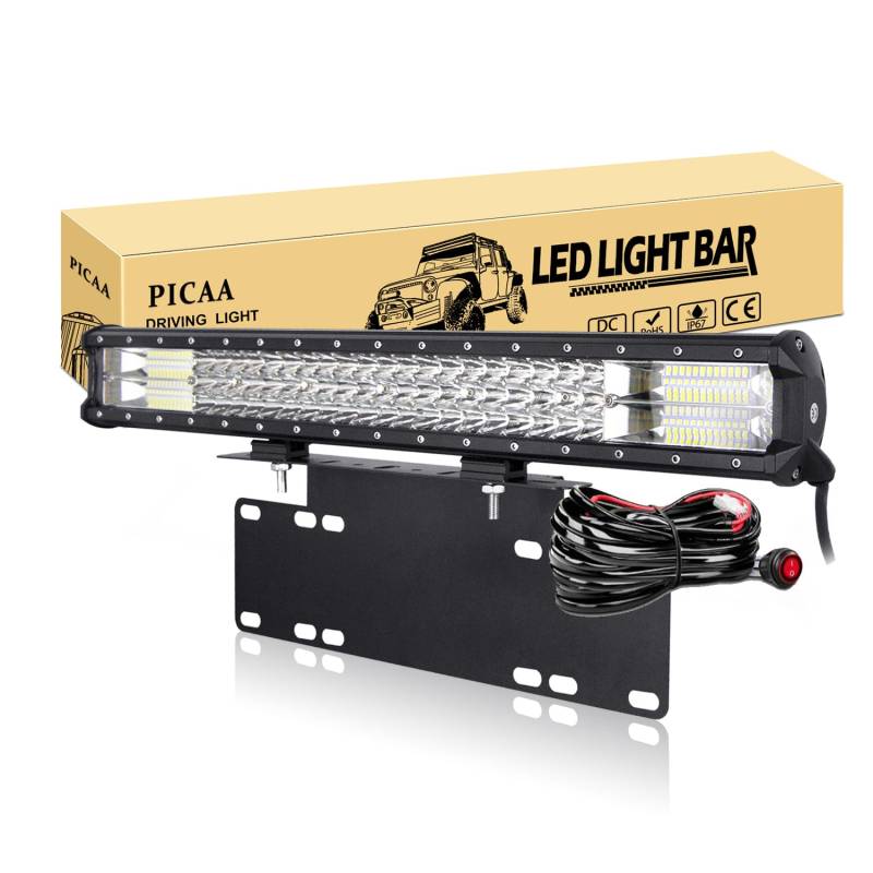 PICAA Arbeitsscheinwerfer 7D 22 Zoll 324W LED Lichtbalken Zusatzscheinwerfer Bar Spot Flutlicht Kombination für SUV Offroad ATV UTV Traktor 4x4 Auto Mit 15 Zoll Kennzeichenhalterung von PICAA