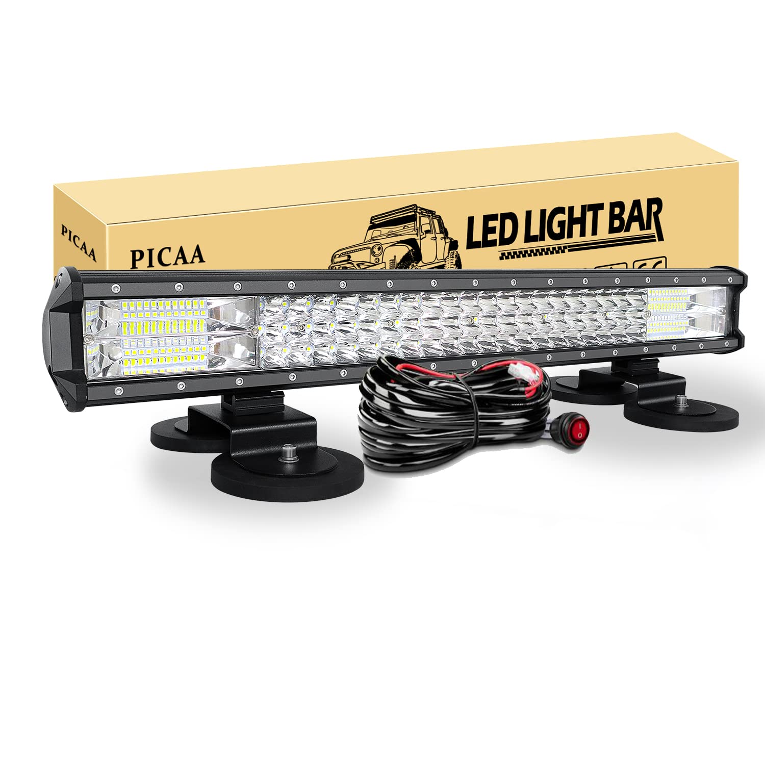 PICAA Led Arbeitsscheinwerfer 7D 22 Zoll 324W Led Lichtbalken Led Zusatzscheinwerfer Bar Spot Flutlicht Kombination für SUV Offroad ATV UTV Traktor 4x4 Auto Mit 2PCS magnetische Basishalterung von PICAA