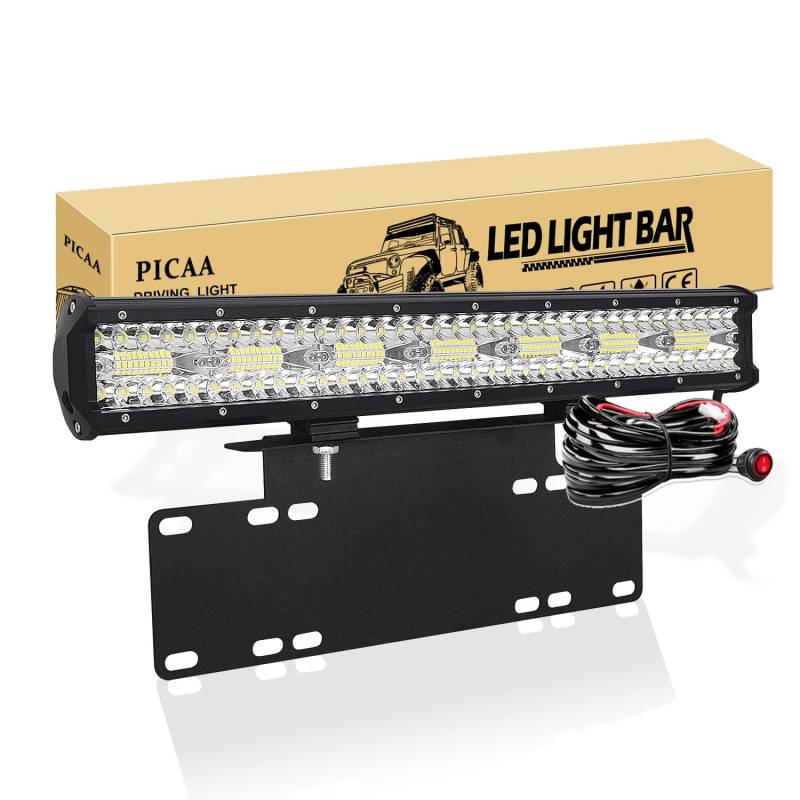 PICAA Arbeitsscheinwerfer 8D 20 Zoll 420W LED Lichtbalken Zusatzscheinwerfer Bar Spot Flutlicht Kombination für SUV Offroad ATV UTV Traktor 4x4 Auto Mit 15 Zoll Kennzeichenhalterung von PICAA