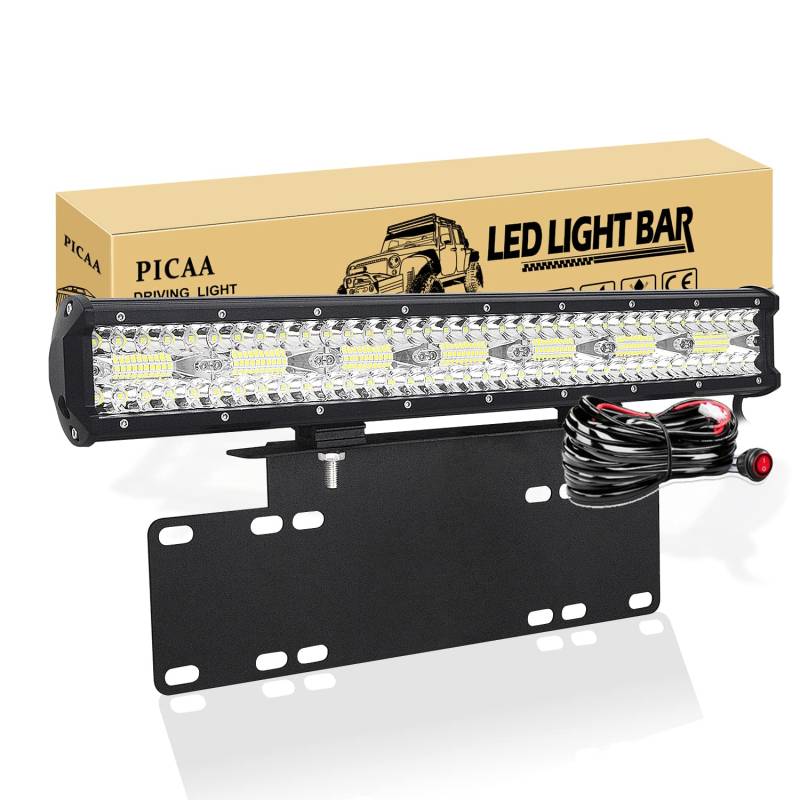 PICAA Arbeitsscheinwerfer 8D 22 Zoll 480W LED Lichtbalken Zusatzscheinwerfer Bar Spot Flutlicht Kombination für SUV Offroad ATV UTV Traktor 4x4 Auto Mit 15 Zoll Kennzeichenhalterung von PICAA