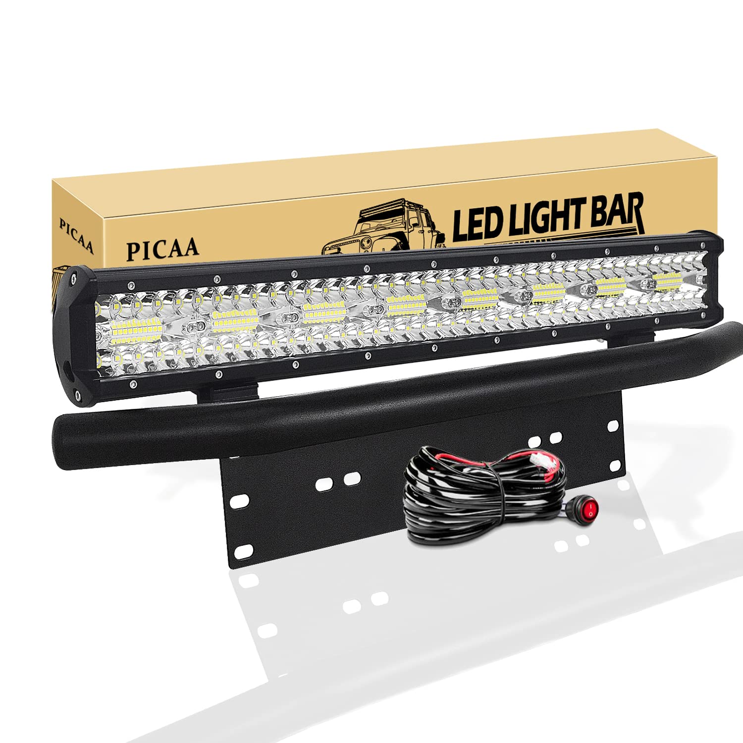 PICAA Led Arbeitsscheinwerfer 8D 22 Zoll 480W Led Lichtbalken Led Zusatzscheinwerfer Bar Spot Flutlicht Kombination für SUV Offroad ATV UTV Traktor 4x4 Auto Mit 23 Zoll Kennzeichenhalterung von PICAA