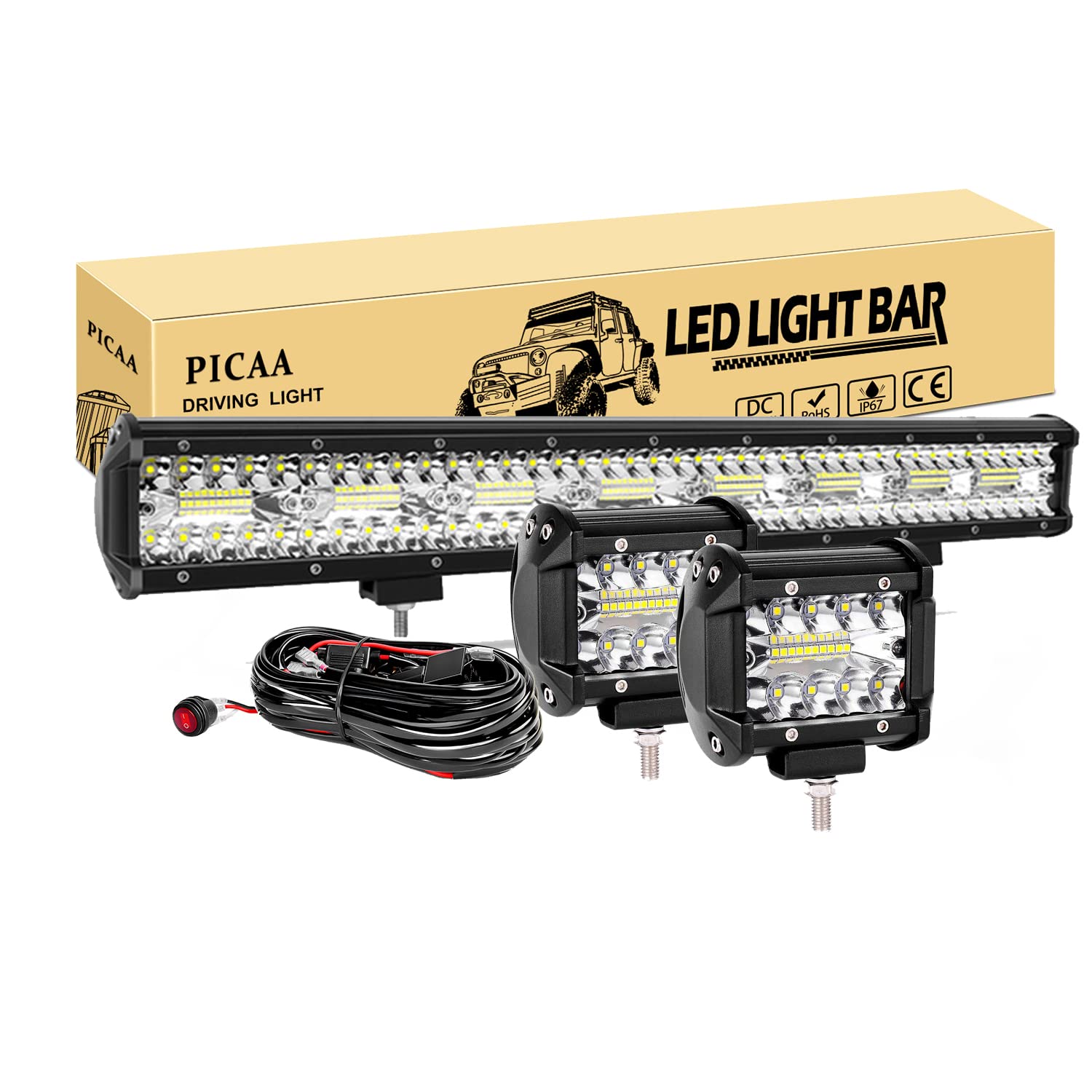 PICAA Led Arbeitsscheinwerfer 8D 22 Zoll 480W Led Lichtbalken Led Zusatzscheinwerfer Bar Spot Flutlicht Kombination für SUV Offroad ATV UTV Traktor 4x4 Auto Mit 2PCS 4 Zoll LED Arbeitslicht von PICAA