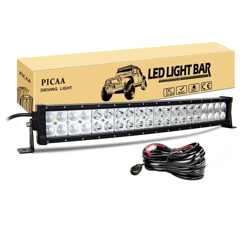 PICAA Gewölbter LED Arbeitsscheinwerfer 21 Zoll 53.5CM 120W Lichtbalken Mit Kabelbaum 12V Zusatzscheinwerfer Bar Arbeit Licht für SUV Offroad ATV UTV Traktor 4x4 Auto von PICAA