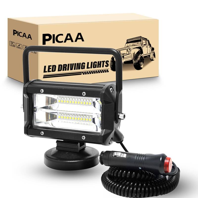 PICAA Led arbeitsscheinwerfer mit magnetfuß, 5 Zoll 72W 12V 24V led flutstrahler, offroad beleuchtung für Auto SUV ATV, Traktor, LKW, 4x4, Boot,6000K led suchscheinwerfer, arbeitslicht（1PCS） von PICAA