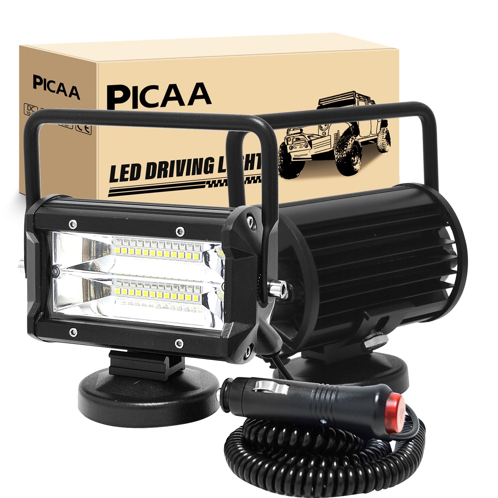 PICAA Led arbeitsscheinwerfer mit magnetfuß, 5 Zoll 72W 12V 24V led flutstrahler, offroad beleuchtung für Auto SUV ATV, Traktor, LKW, 4x4, Boot,6000K led suchscheinwerfer, arbeitslicht（2PCS） von PICAA