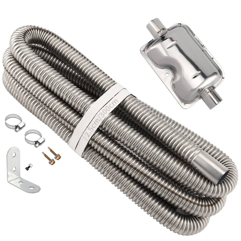 NGOSUET 25mm Abgasschlauch für Stromerzeuger, 300cm Edelstahl Auspuff Abgasrohr mit Schalldämpfer und Schlauchklemme, Standheizung Abgasrohr, Gasentlüftungsschlauch, Auspuffrohr für Luft Dieselheizung von PINGEUI