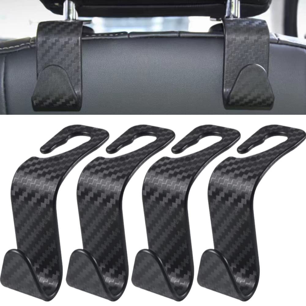 Auto Kopfstützen Haken, Universal Autositz Rückenlehnen Haken, Auto Rücksitz Kopfstütze Halter Schwarz （4 Stück） (Carbon Fiber Black) von PKQTOP