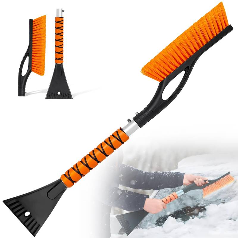 PLACHIDAY Schneebürste-Eiskratzer mit Besen-26-Zoll-Auto-Eiskratzer, Abnehmbares 2-in-1-Design-Schneeräumungsset mit Ergonomischem Schaumstoffgriff, Geeignet für Alle Automodelle (Schwarz Orange) von PLACHIDAY