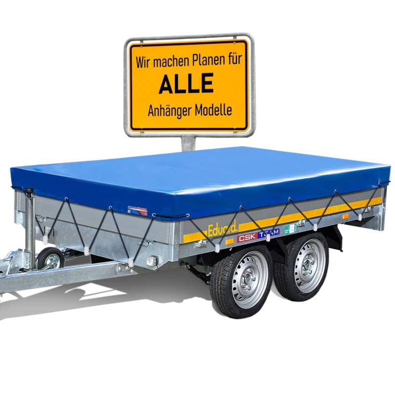 Hochwertige Eduard Anhängerplane - 406 x 180 cm Innenmaß - Anhänger Plane Blau Hochglanzlackiert - Flachplane PKW-Anhänger - wasserdichte PVC Abdeckplane mit Anhänger Zubehör von PLANE 4 YOU