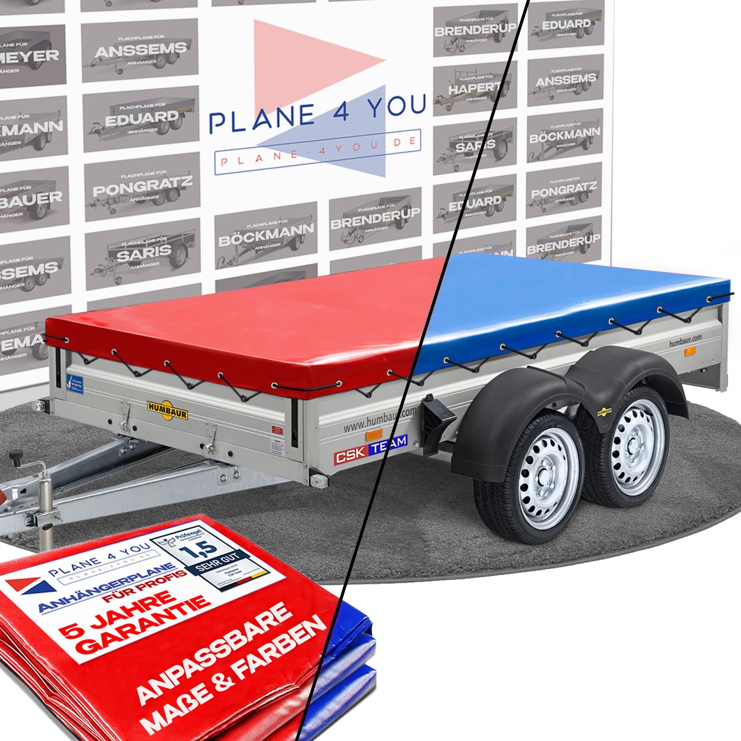Hochwertige Humbaur Anhängerplane - Anhänger Plane nach Maß in 15 Farben - Flachplane PKW-Anhänger - wasserdichte PVC Abdeckplane mit Anhänger Zubehör von PLANE 4 YOU