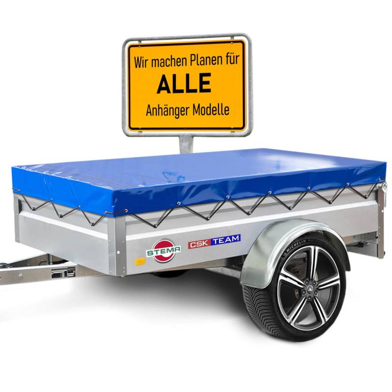 Hochwertige Stema 207 x 121 x 6 cm Anhängerplane - Anhänger Plane nach Maß - Königsblau Hochglanz - Flachplane PKW-Anhänger - Wasserdicht Abdeckung aus PVC Gewebeplane mit Anhänger Zubehör von PLANE 4 YOU