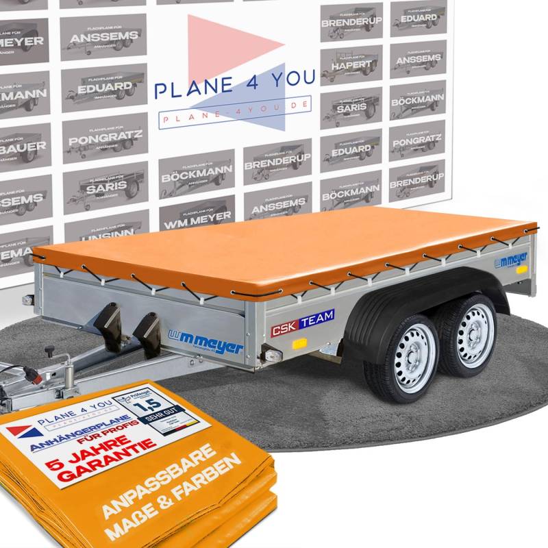 Hochwertige WM Meyer 217 x 116 cm Anhängerplane - wasserdichte Anhänger Plane nach Maß - Flachplane - Hochglanz Orange von PLANE 4 YOU