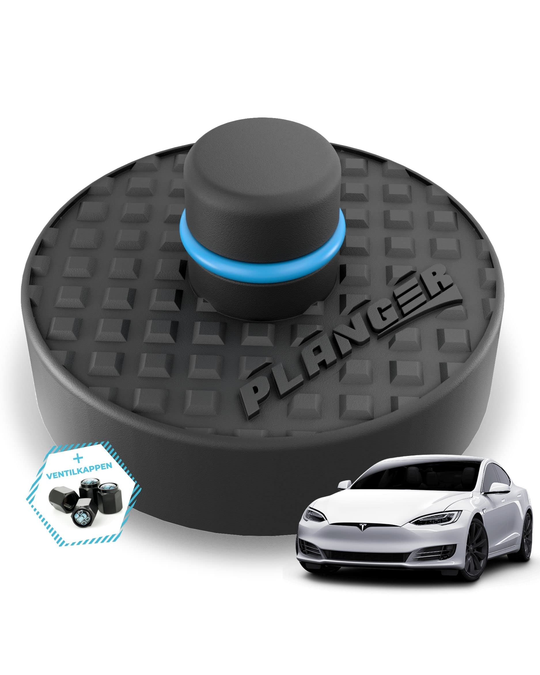 PLANGER® Tesla Hebebühnen Gummi - ENRGY PAD + 4 VENTILKAPPEN (Model 3 - Model S - Model Y - Model X) 10 Jahre Garantie - Bruchsicher 3t von PLANGER