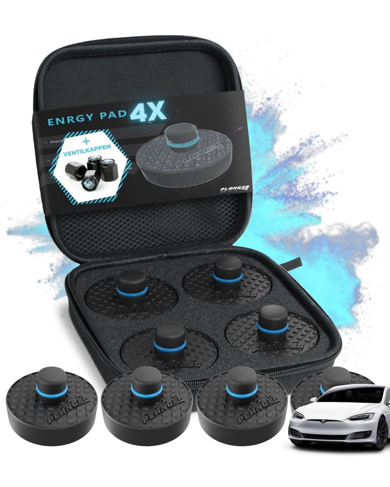 PLANGER® Tesla Wagenheber Beläge - 4X ENRGY PAD + 4 VENTILKAPPEN (Model 3 - Model S - Model Y - Model X) 10 Jahre Garantie - Bruchsicher 3t von PLANGER