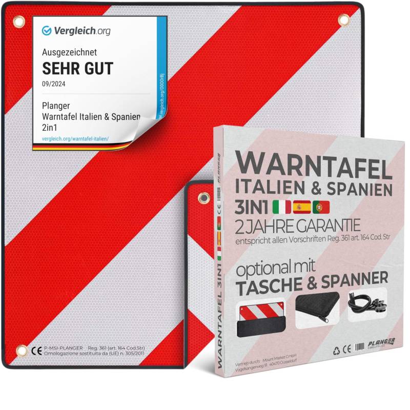 PLANGER® - Warntafel Italien und Spanien 2in1 (50 x 50 cm) - Reflektierendes Warnschild rot weiß für Heckträger u Fahrradträger von PLANGER