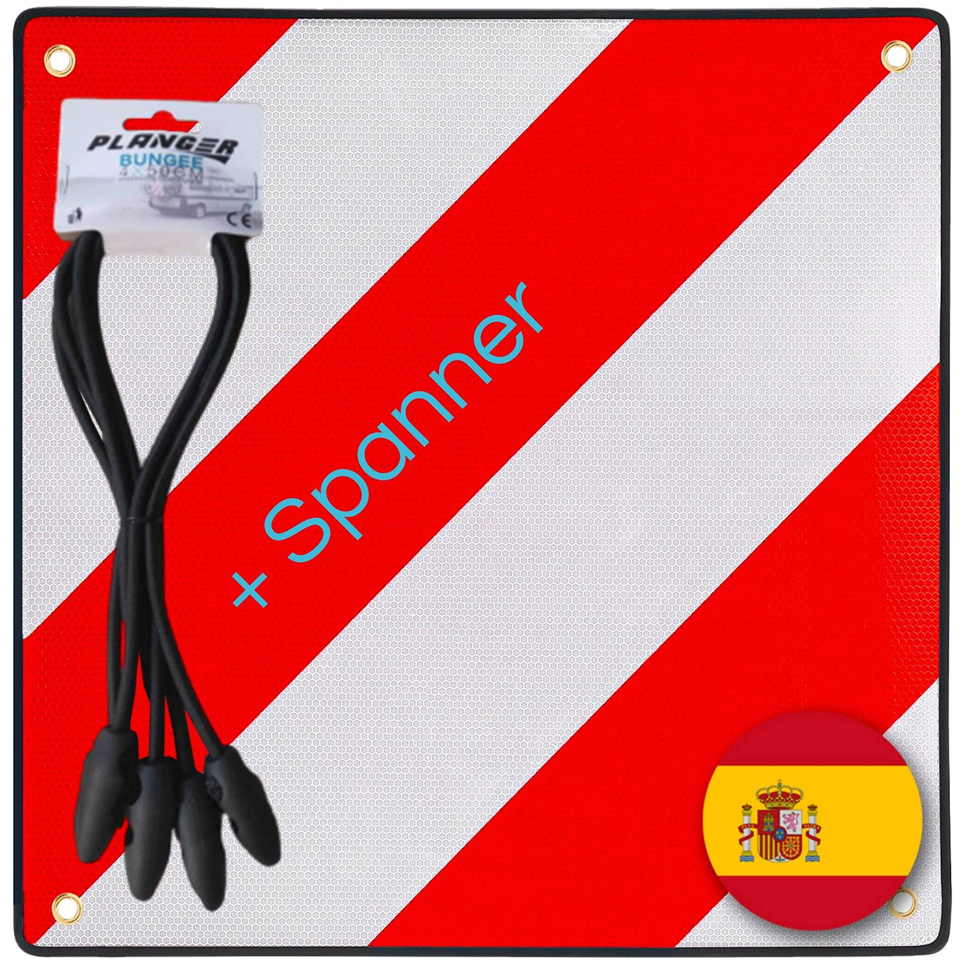 PLANGER® - Warntafel Spanien (50 x 50 cm) + Spanner - Reflektierendes Warnschild rot weiß für Heckträger u Fahrradträger von PLANGER