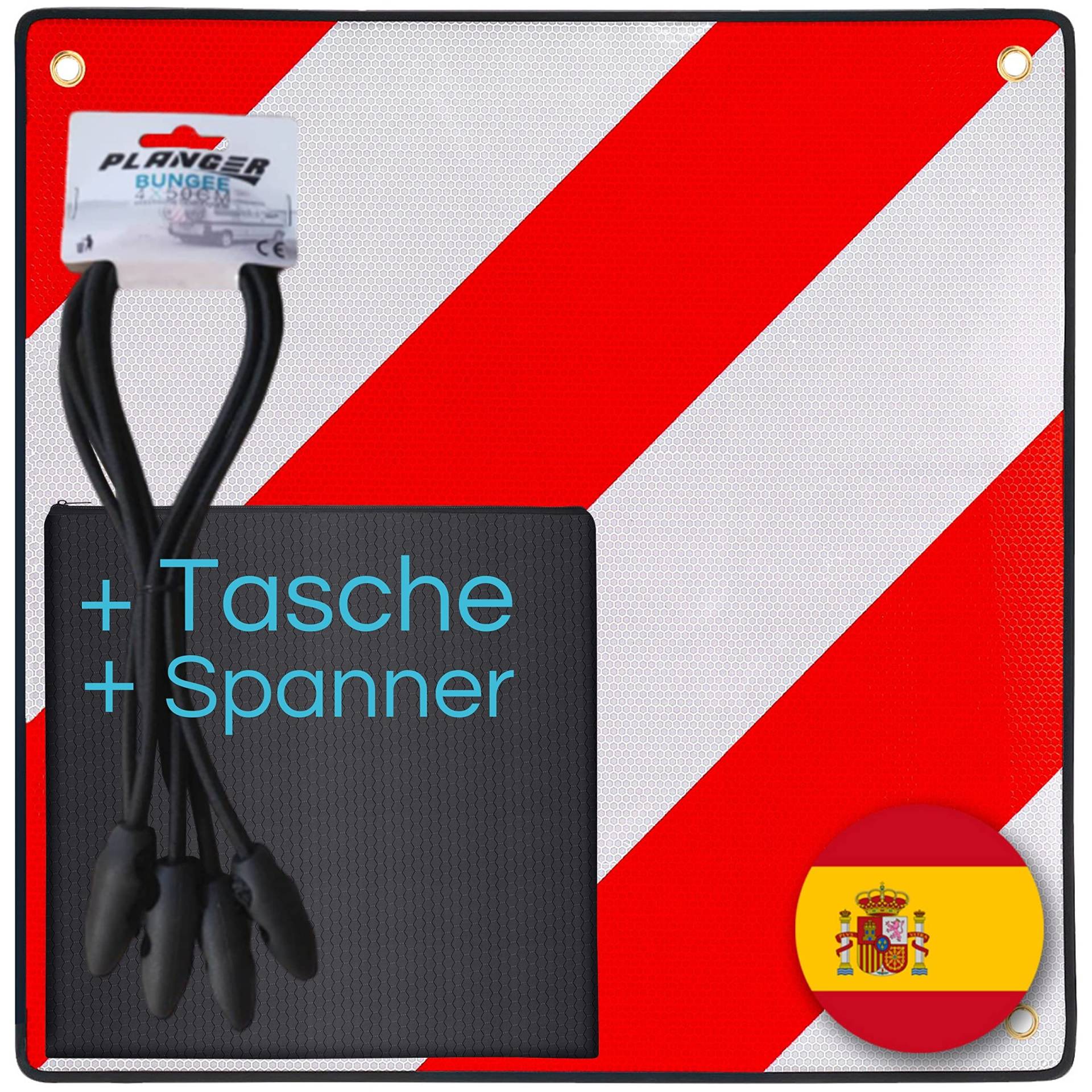PLANGER® - Warntafel Spanien (50 x 50 cm) + Tasche + Spanner - Reflektierendes Warnschild rot weiß für Heckträger u Fahrradträger von PLANGER