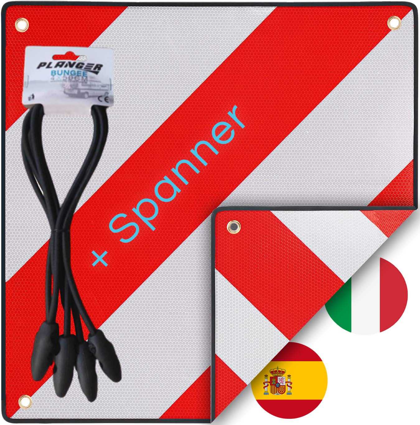 PLANGER® - Warntafel Italien und Spanien (Schild + Gepäckspanner) 2in1 (50 x 50 cm) - Reflektierendes Warnschild rot weiß für Heckträger u Fahrradträger von PLANGER