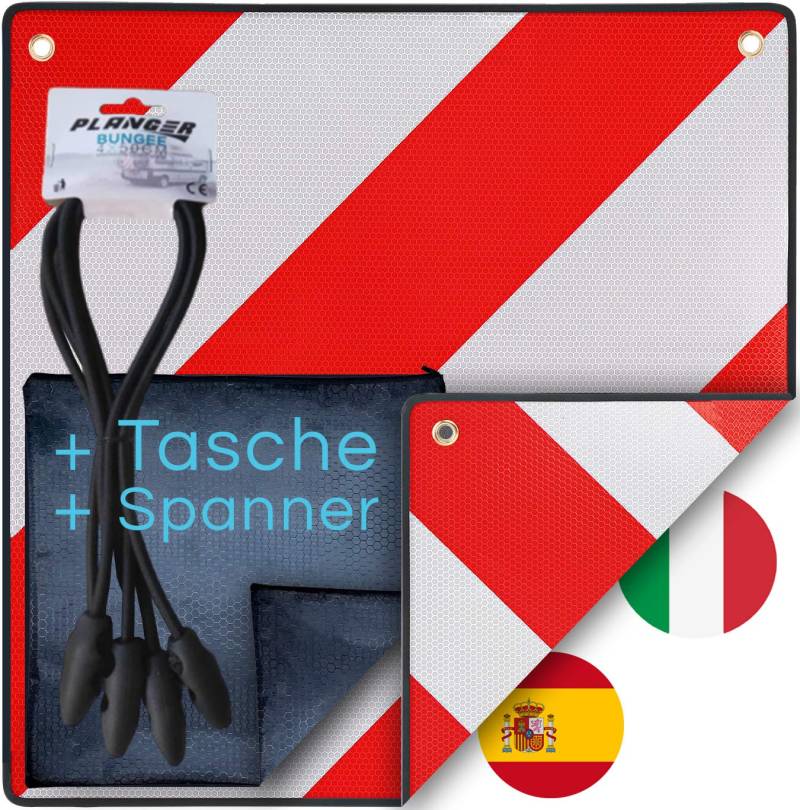 PLANGER® - Warntafel Italien und Spanien (Schild + Tasche + Spanner) 2in1 (50 x 50 cm) - Reflektierendes Warnschild rot weiß für Heckträger u Fahrradträger von PLANGER