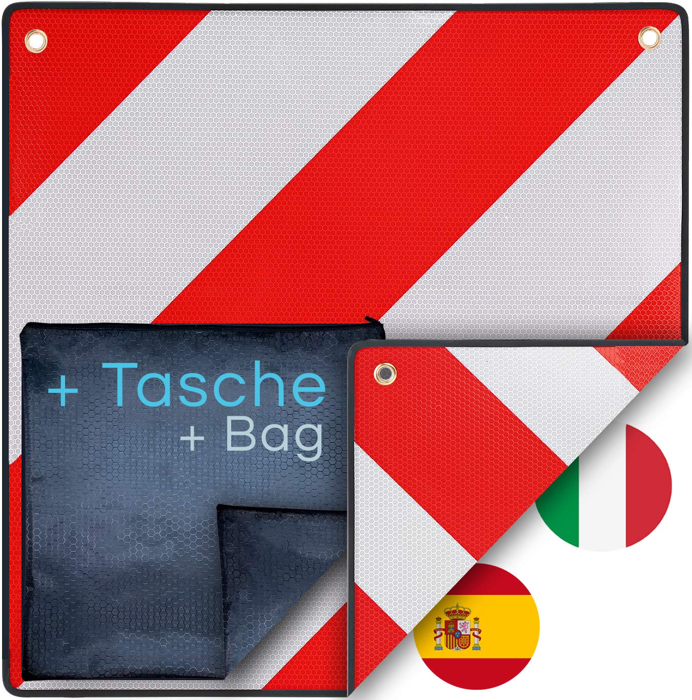 PLANGER® - Warntafel Italien und Spanien + Tasche 2in1 (50 x 50 cm) - Reflektierendes Warnschild rot weiß für Heckträger u Fahrradträger von PLANGER