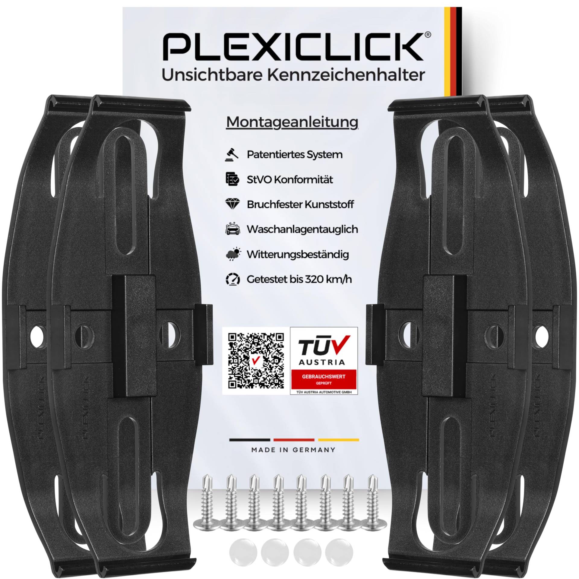 PLEXICLICK® Kennzeichenhalter Rahmenlos in Schwarz - Einfache Montage - Universelle Passform für Autos in DE - Auto Zubehör - 100% Made in Germany von PLEXICLICK