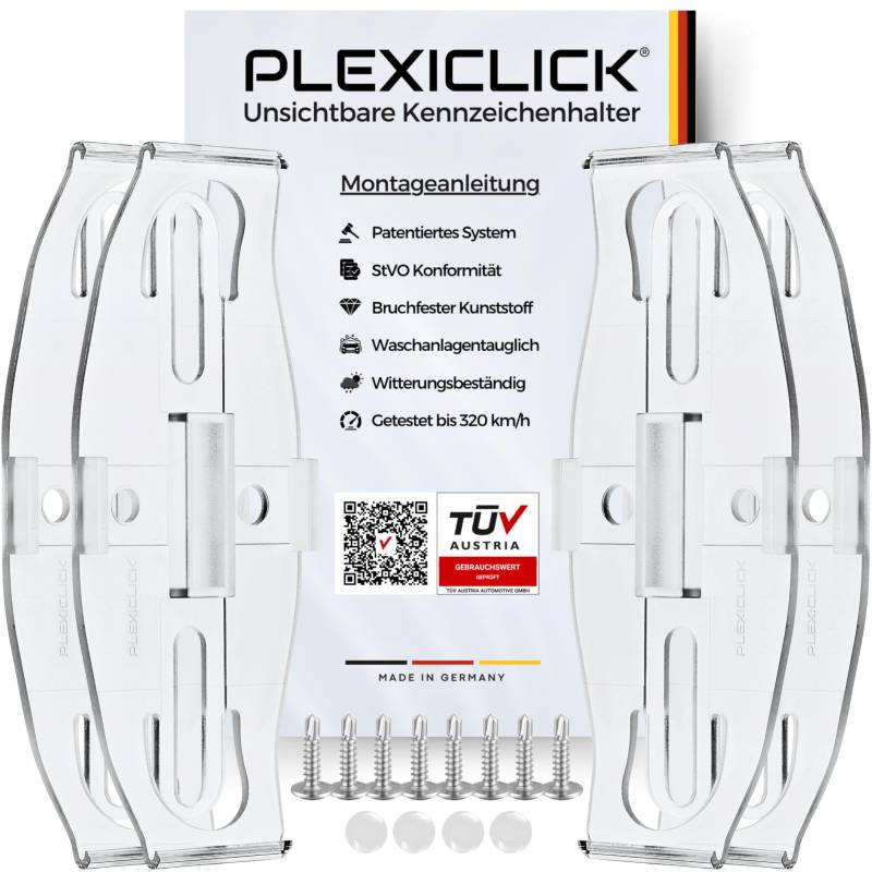PLEXICLICK® Kennzeichenhalter Rahmenlos in Transparent - Einfache Montage - Für Alle Deutschen KFZ Kennzeichen - Nummernschildhalterung Auto - 100% Made in Germany - TÜV Zertifiziert -Straßenzulassung von PLEXICLICK