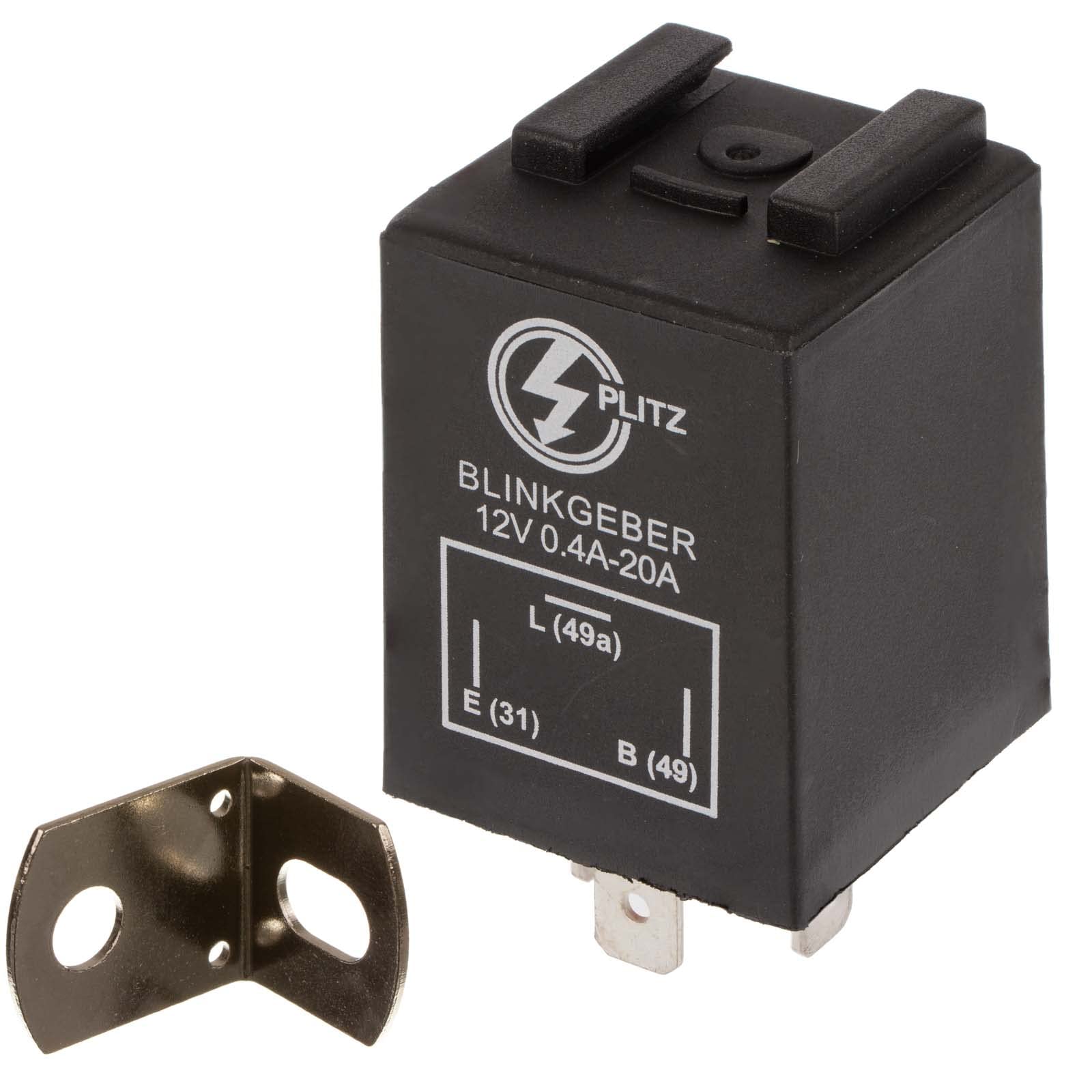 Elektronischer Blinkgeber 12V PLITZ - 3-poliger Anschluß (31, 49, 49a) - 0,02- 20A entspricht 0,24-240W - universell einsetzbar - mit Haltewinkel von PLITZ