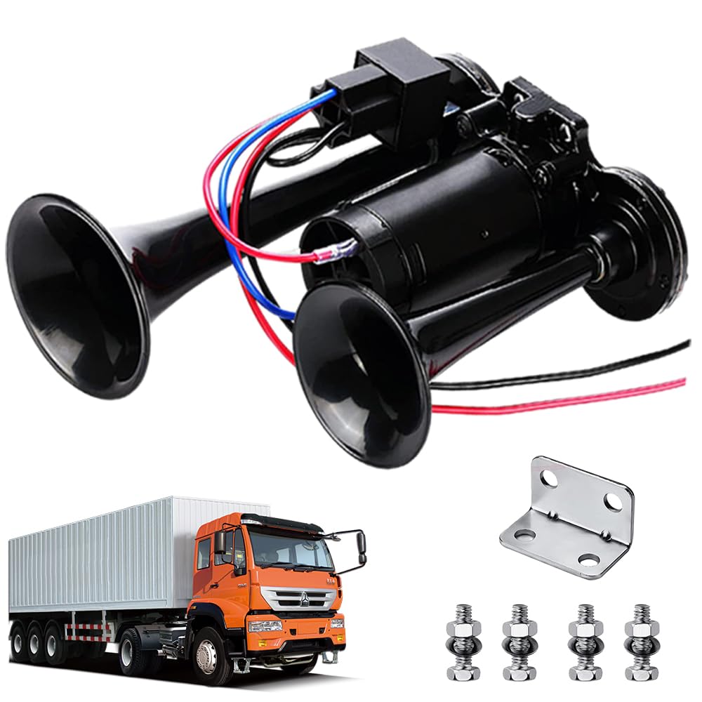 PLLYPE Lkw Hupe 12V Dual Trompete Air Horn mit Kompressor Drucklufthorn mit Kompressor Auto Air Horn Kit Chrom Zink Dual Trumpet Air Horn mit Kompressor für Autos LKWs Züge Boote Schiffe Motoren von PLLYPE