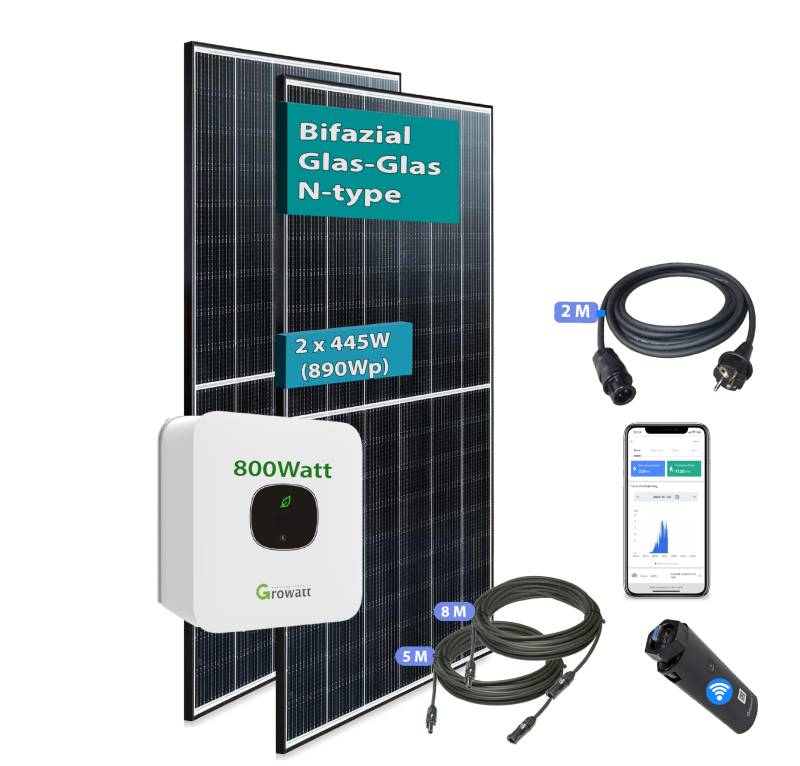 Balkonkraftwerk + bis 30% mehr Bifazialer PV-Leistung 1780Wp | 1500W Growatt MIC 1500-Tlx Wechselrichter Solaranlage 4 x 445W Solar Module Bifazial Glas Glas (Growatt, 1700Wp ohne Halterung) von PLP TEK