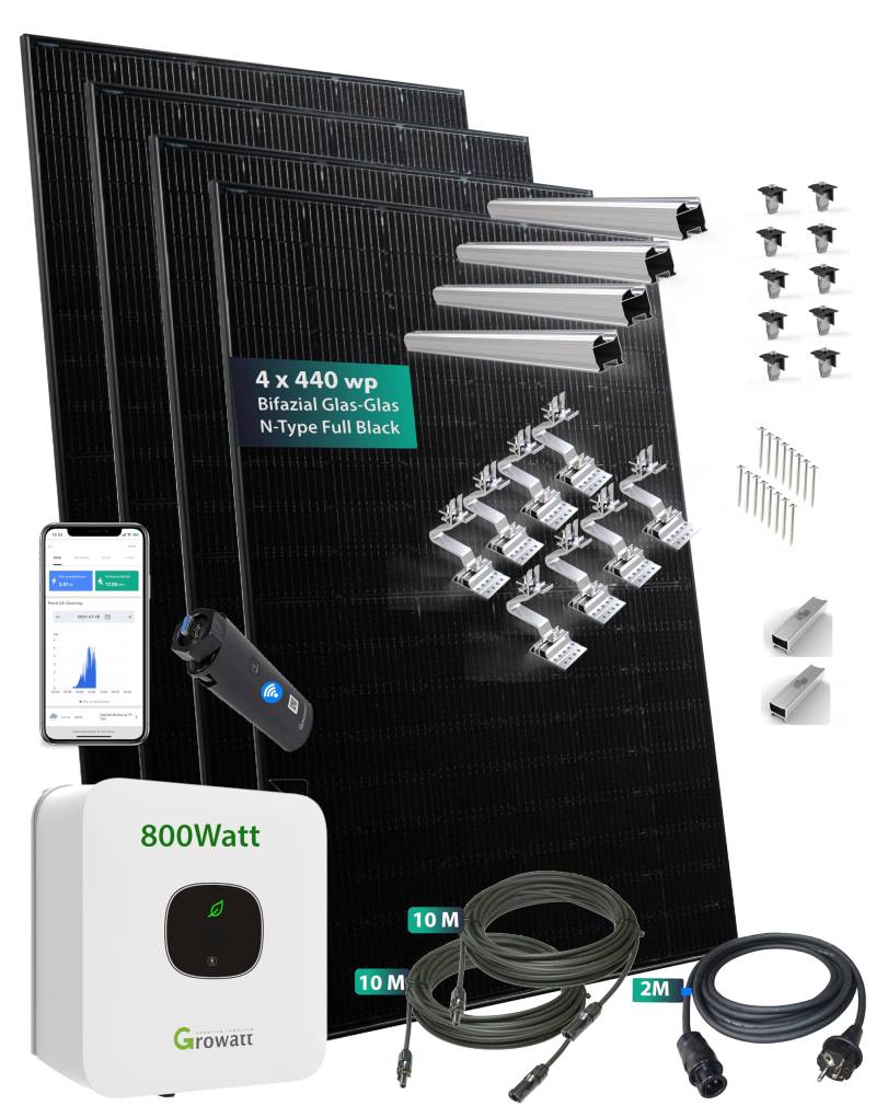 Balkonkraftwerk Solar DACH Quatro mit Growatt Mic 800W Wechselrichter / 1760W (4 x 440W) JA Solar bis zu 2300W Bifazialer Glas Glas PV-Leistung mit Aluminium Unterkonstruktion SET für Pfannendach von PLP TEK
